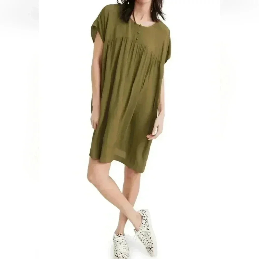 Madewell Shirred Easy Dress Moss Green Mini Shift Dress Size XS